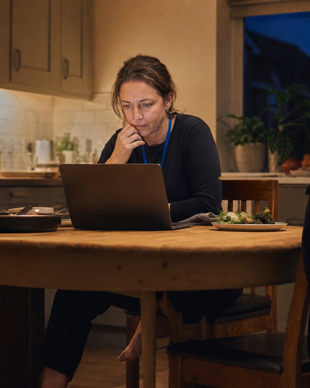 A woman alone in her kitchen in the evening