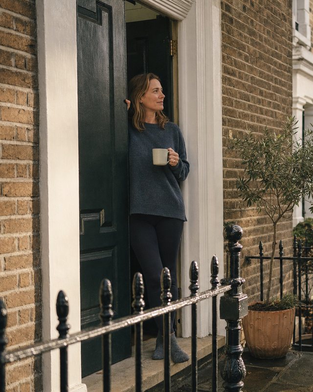 A woman in her doorway holding a mug